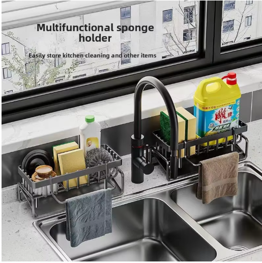 Kitchen Sponge Holder Drain Rack Sink Organizer for Dish Cloth Scrubber Storage with Hanging Hook